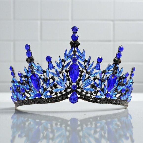 Black blue Tiara, Gothic Wedding Headpiece, Black Queen Tiara, Costume Tiara main image 4
